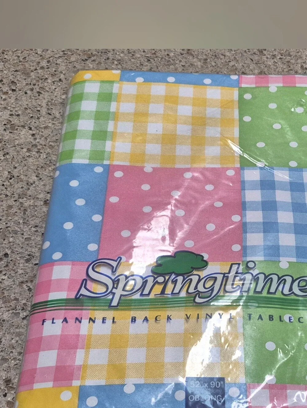 Vtg Springtime Flannel Back Vinyl Tablecloth Patchwork Gingham Polka Dot 52x90